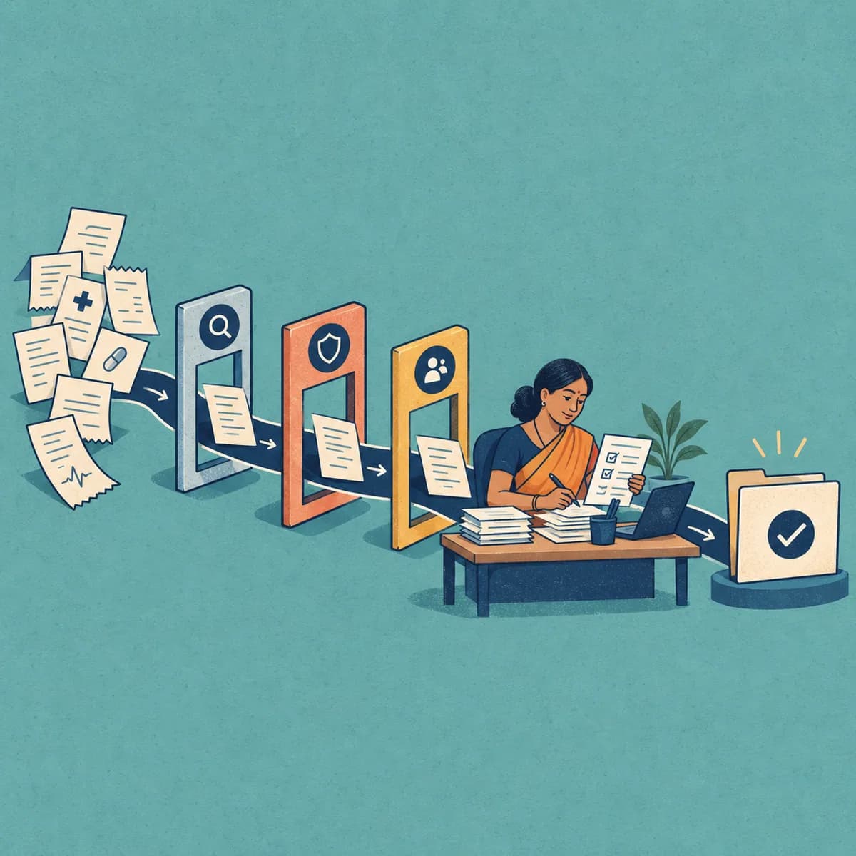 A human reviewer guiding claim receipts and documents through a structured validation pathway